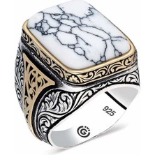 Gumush  Gümüş Beyaz Çizgili Havlit Taşlı Kare Erkek Yüzük