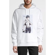 Qivi Anime Attack On Titan Baskılı Beyaz Erkek Örme Kapşonlu Sweatshirt Uzun Kol