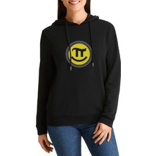 Qivi 14 Mart Dünya Pi Günü Dj Baskılı Siyah Kadın Örme Kapşonlu Sweatshirt Uzun Kol