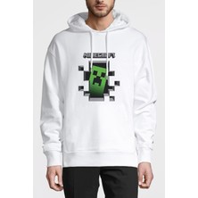 Qivi Mine Craft Baskılı Beyaz Erkek Örme Kapşonlu Sweatshirt Uzun Kol