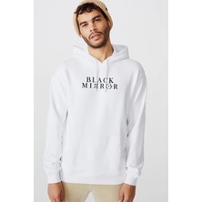 Qivi Black Mirror Baskılı Beyaz Erkek Örme Kapşonlu Sweatshirt Uzun Kol