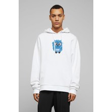 Qivi Sevimli Mavi Baykuş Baskılı Beyaz Erkek Örme Kapşonlu Sweatshirt Uzun Kol