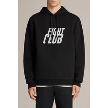 Qivi Fight Club Logo Baskılı Siyah Erkek Örme Kapşonlu Sweatshirt Uzun Kol