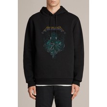 Qivi Metallica Ahtabot Rock Metal Müzik Baskılı Siyah Erkek Örme Kapşonlu Sweatshirt Uzun Kol