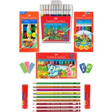 Faber-Castell Okul Seti V2 12 Renk Kuru Boya, 2 Adet Yapıştırıcı, 6 Adet Kurşun Kalem ve Silgiler