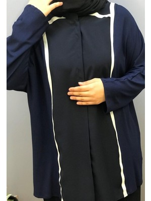 T'Dee Kadın Uzun Şerit Detaylı Krep Biyeli Çift Renkli Tunik