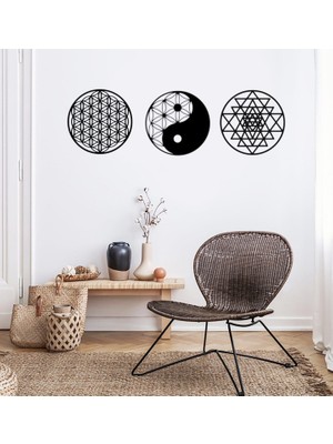 Şirin Lazer Yaşam Çiçeği Ying Yang Sri Yantra Duvar Dekoru Ahşap Mdf Tablo Set