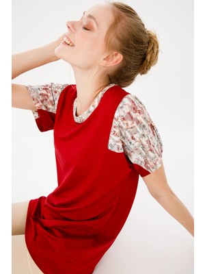 Desen Triko Kadın Sıfır Yaka Düşük Kol Çiçek Baskılı Penye Bluz K.kırmızı