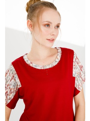 Desen Triko Kadın Sıfır Yaka Düşük Kol Çiçek Baskılı Penye Bluz K.kırmızı