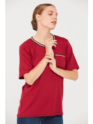 Desen Triko Kadın Yakası Simli T-Shirt Kırmızı