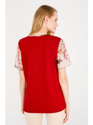 Desen Triko Kadın V Yaka Kısa Kol Tül Detaylı Penye Bluz Kırmızı