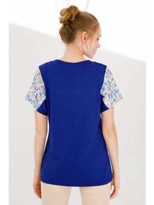 Desen Triko Kadın Sıfır Yaka Düşük Kol Çiçek Baskılı Penye Bluz K.saks Mav