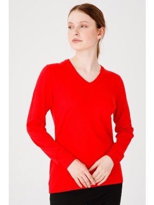 Desen Triko Kadın Likralı Uzun Kol Basic V Yaka Bluz Mercan