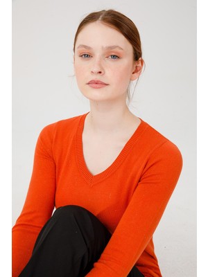 Desen Triko Kadın Simli Basic V Yaka Bluz Oranj
