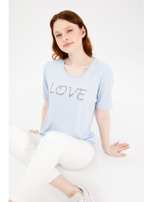 Desen Triko Kadın Sıfır Yaka Kısa Kol Love Yazılı Penye T-Shirt A.mavi