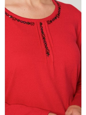 Desen Triko Kadın Sıfır Yaka Işlemeli Triko Bluz Mercan