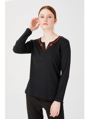 Desen Triko Kadın Açma Yaka Uzun Kol Keçeli Pamuklu Kaşkorse T-Shirt Siyah