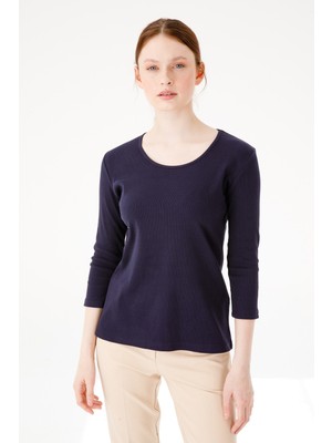 Desen Triko Kadın Sıfır Yaka Truvakar Kol Basic Pamuklu Kaşkorse T-Shirt Lacivert