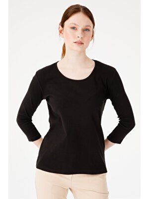 Desen Triko Kadın Sıfır Yaka Truvakar Kol Basic Pamuklu Kaşkorse T-Shirt Siyah