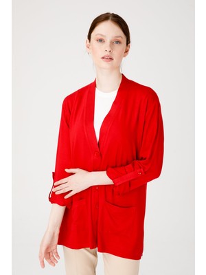 Desen Triko Kadın V Yaka Uzun Kol Cepli Düğmeli Penye Ceket Kırmızı