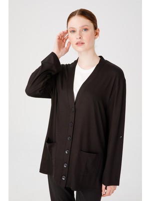 Desen Triko Kadın V Yaka Uzun Kol Cepli Düğmeli Penye Ceket Siyah