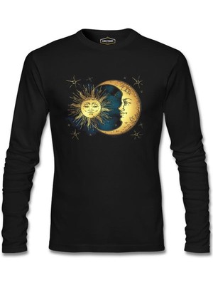 Lordd T-Shirt  Güneş Ay ve Bulutlar Siyah Erkek Sweatshirt