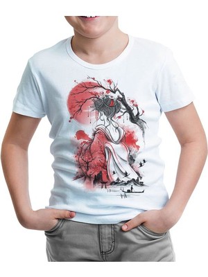 Lordd T-Shirt  Japon Geisha - Ay Beyaz Çocuk T-Shirt
