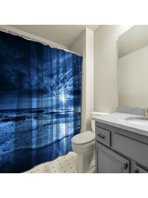 Assoshome Banyo Duş Perdesi Tasarım Dekor Gökyüzü Sahil Gece Mavi Okyanus Dijital Baskılı En 175 cm