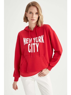 DeFacto Slogan Baskılı Kapüşonlu Relax Fit İçi Yumuşak Tüylü Sweatshirt V6682AZ21AU