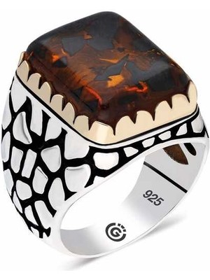 Gumush  Gümüş Zirkon Kahverengi Taşlı Kare Erkek Yüzük