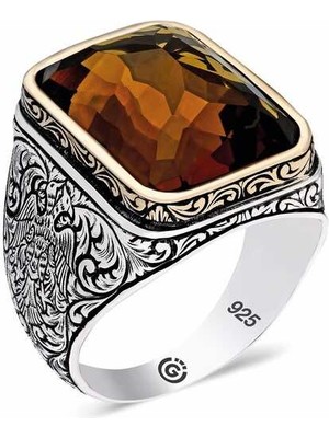 Gumush Gümüş Zirkon Kahverengi Taşlı Kare Erkek Yüzük