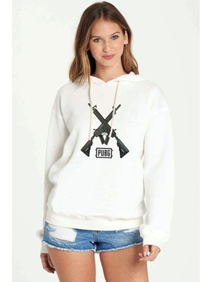 Qivi Pubg M416 Baskılı Beyaz Kadın Örme Kapşonlu Sweatshirt Uzun Kol