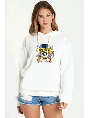 Qivi Guns'n Roses Kuru Kafa Gül Baskılı Beyaz Kadın Örme Kapşonlu Sweatshirt Uzun Kol
