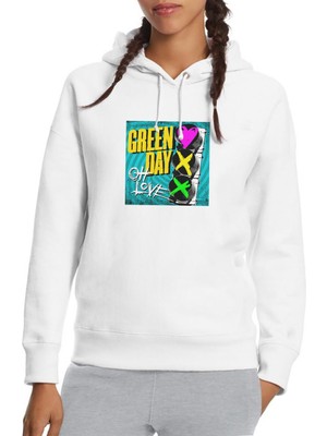 Qivi Green Day Oh Love Baskılı Beyaz Kadın Örme Kapşonlu Sweatshirt Uzun Kol