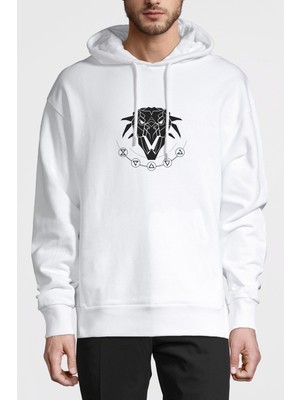 Qivi The Witcher School Of The Griffin Baskılı Beyaz Erkek Örme Kapşonlu Sweatshirt Uzun Kol
