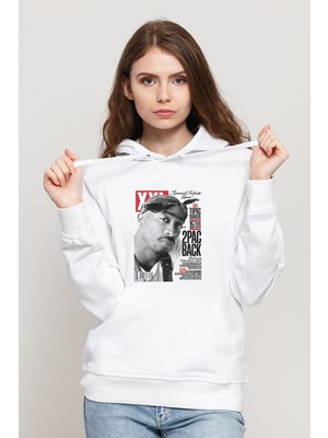 Qivi Rap Hiphop 2pac Back Cover Baskılı Beyaz Kadın Örme Kapşonlu Sweatshirt Uzun Kol