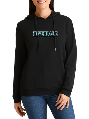 Qivi Riverdale Logo Baskılı Siyah Kadın Örme Kapşonlu Sweatshirt Uzun Kol