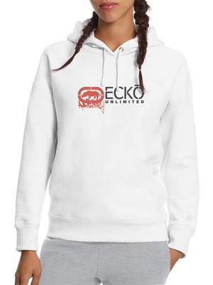 Qivi Ecko Unlimited Baskılı Beyaz Kadın Örme Kapşonlu Sweatshirt Uzun Kol