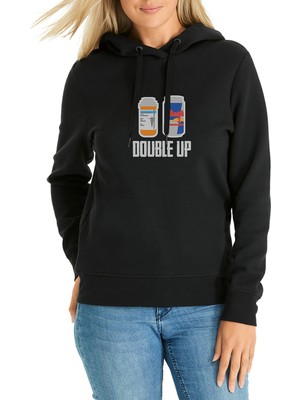 Qivi Pubg Double Up Siyah Baskılı Siyah Kadın Örme Kapşonlu Sweatshirt Uzun Kol