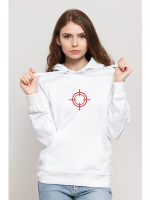 Qivi Snippers Baskılı Beyaz Kadın Örme Kapşonlu Sweatshirt Uzun Kol