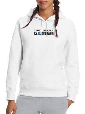 Qivi Trusm Me A'm A Gamer Siyah Baskılı Beyaz Kadın Örme Kapşonlu Sweatshirt Uzun Kol