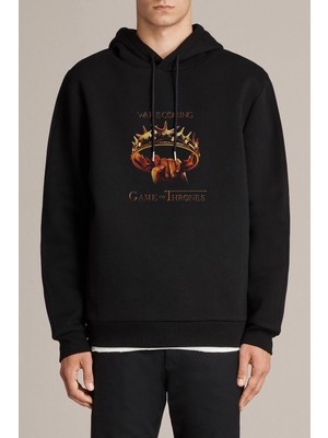Qivi Game Of Thrones Baskılı Siyah Erkek Örme Kapşonlu Sweatshirt Uzun Kol