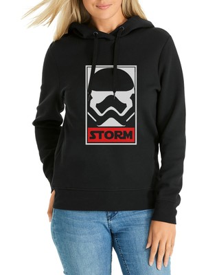 Qivi Storm Baskılı Siyah Kadın Örme Kapşonlu Sweatshirt Uzun Kol