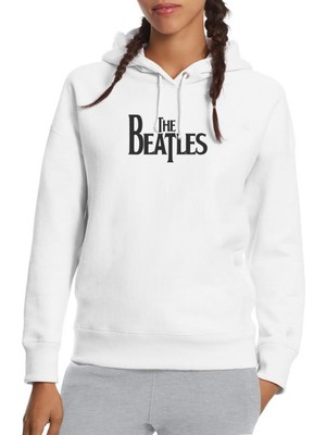 Qivi The Beatles Baskılı Beyaz Kadın Örme Kapşonlu Sweatshirt Uzun Kol