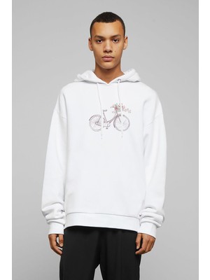 Qivi Sepeti Çiçeklerle Dolu Bisiklet Baskılı Beyaz Erkek Örme Kapşonlu Sweatshirt Uzun Kol