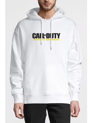 Qivi Call Of Duty Infinite Warfare Logo Baskılı Beyaz Erkek Örme Kapşonlu Sweatshirt Uzun Kol