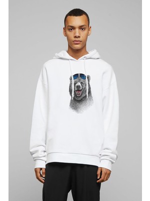 Qivi Ayı Kutup Ayısı Boz Ayı Bear Baskılı Beyaz Erkek Örme Kapşonlu Sweatshirt Uzun Kol