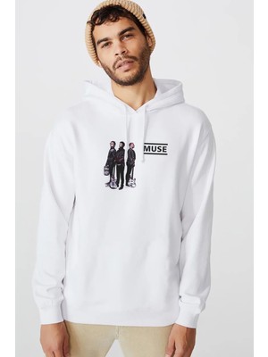 Qivi Muse Band Metal Rock Music Müzik Baskılı Beyaz Erkek Örme Kapşonlu Sweatshirt Uzun Kol