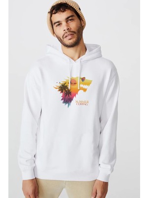 Qivi Summer Is Comming Baskılı Beyaz Erkek Örme Kapşonlu Sweatshirt Uzun Kol
