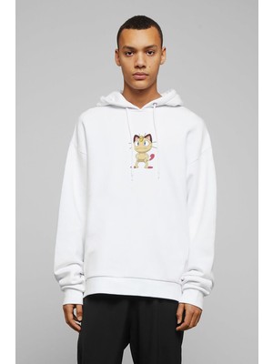 Qivi Pokemon Miyav Bıyık Miyav Go Ash Baskılı Beyaz Erkek Örme Kapşonlu Sweatshirt Uzun Kol
